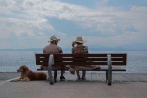 Elderly Couple with Dog by the Beach