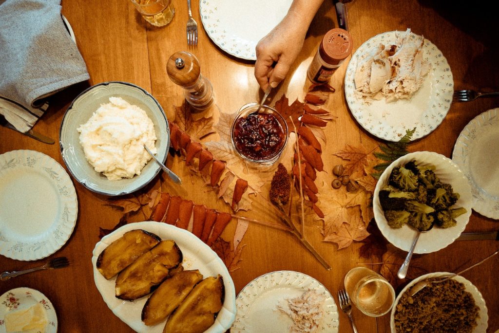 overhead shot of a thanksgiving table